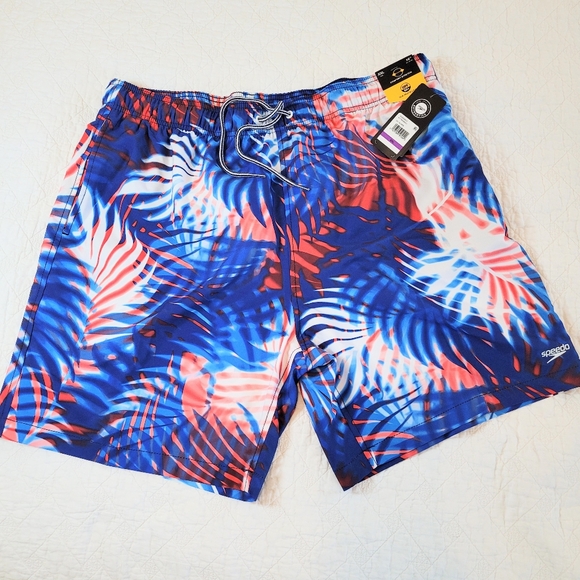 Speedo Men's Swim Trunks Blue White Orange Palm Leaf Print Sz XXL - Picture 1 of 8